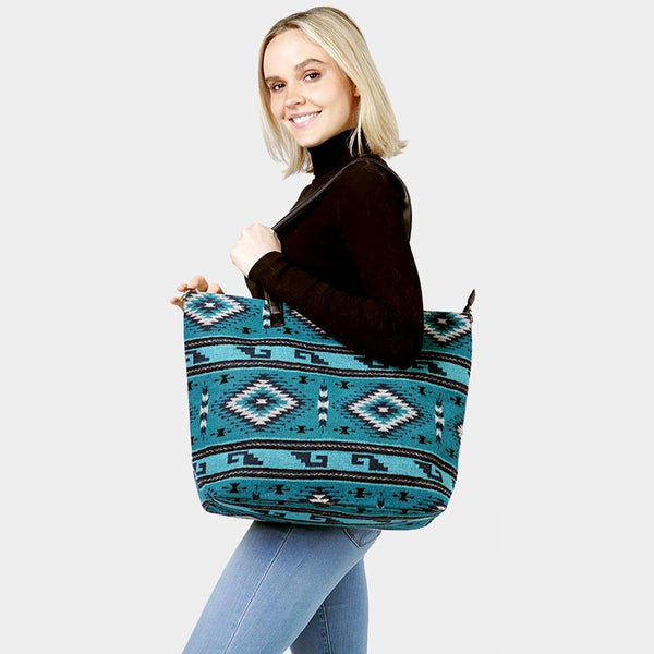 Over the shoulder square tote with astec teal pattern 