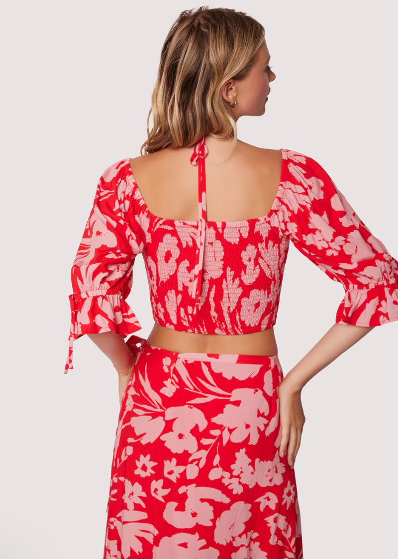 Back view of top. Shows the tie from the halter neckline and the smocked back.
