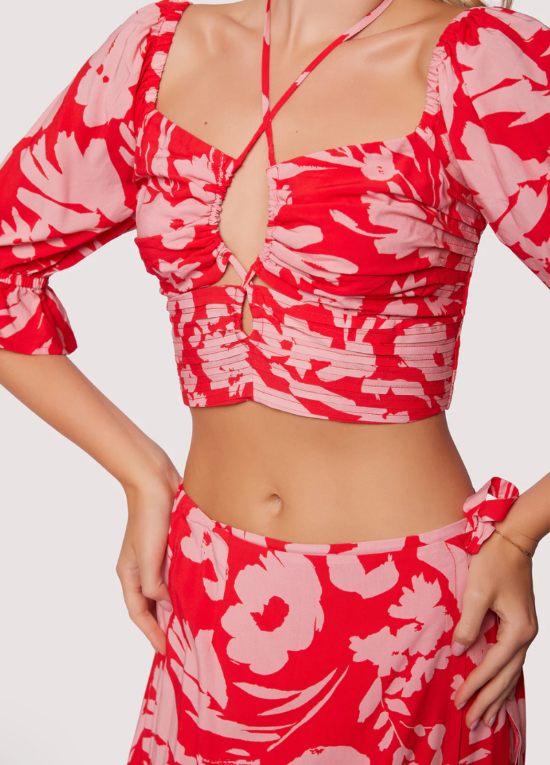 Close up look at the front view keyhole detail and halter neck.