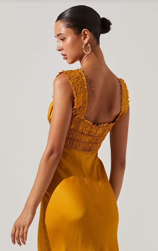 back view of model in dress. shows smocked straps and back.