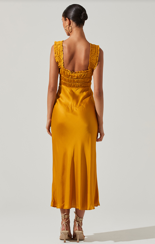 shows back view of model in the dress. shows the smocked straps and back. skirt is slighty fitted through the hips and looser at the bottom.