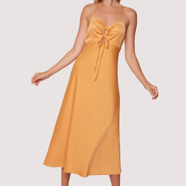 front view of model wearing the satin midi dress. shows the sweetheart neckline with a cinched keyhole feature and tie detail.