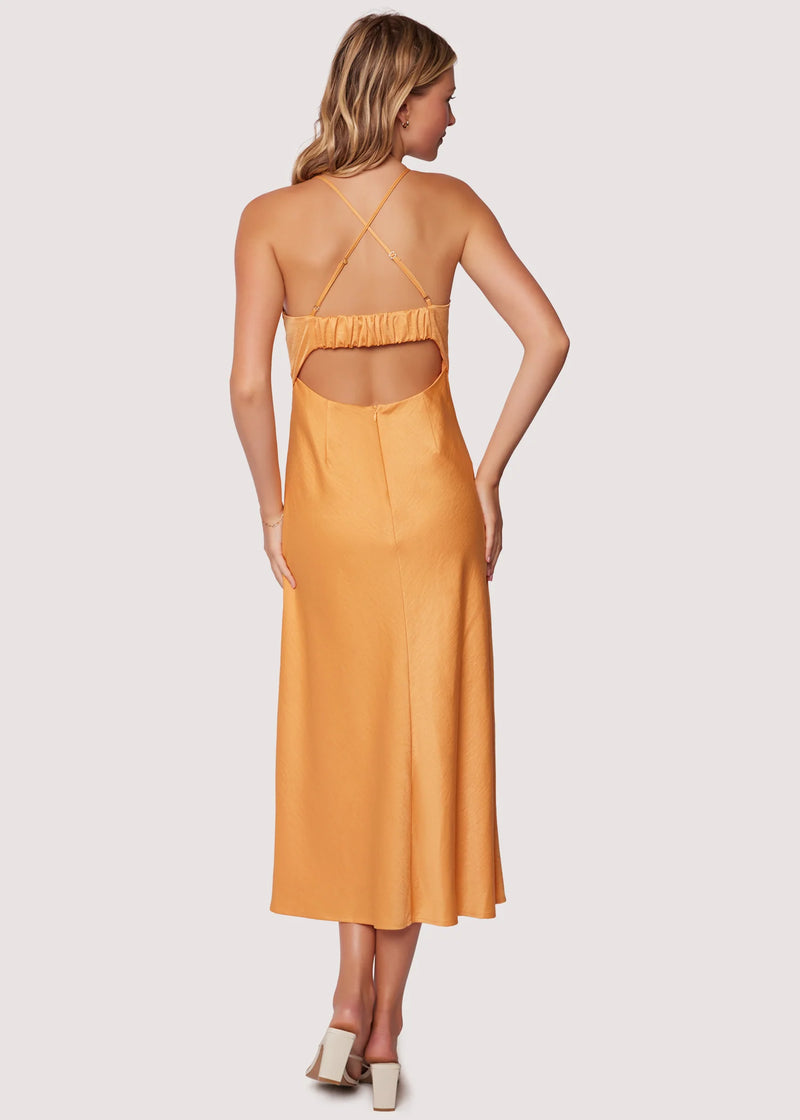 back view of model in the dress. shows the criss cross adjustable spaghetti straps, elastic band across the back and a cutout detail. hits model at mid calf
