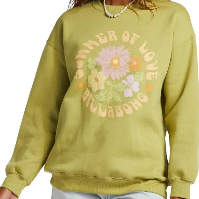 shows front view of sweatshirt featuring high crew neck, drop sleeves, and a floral graphic reading "summer of love- billabong"